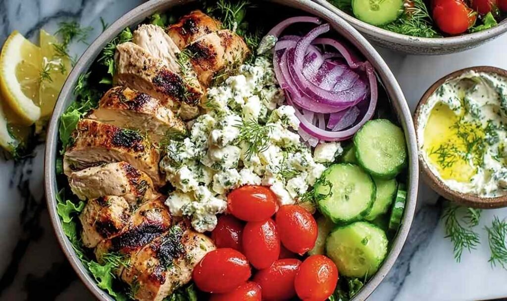 Low-carb Greek chicken bowls with sliced marinated chicken, homemade tzatziki, crumbled feta, cherry tomatoes, and Kalamata olives
