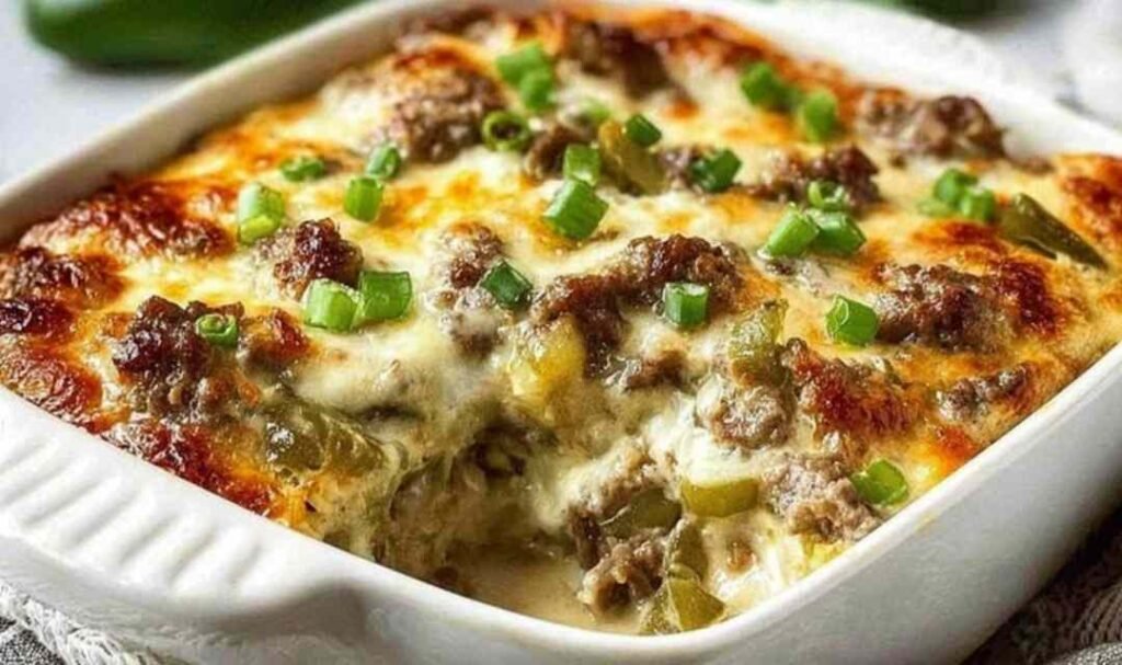 Low carb Philly cheesesteak casserole fresh from the oven with golden bubbly melted cheese on top