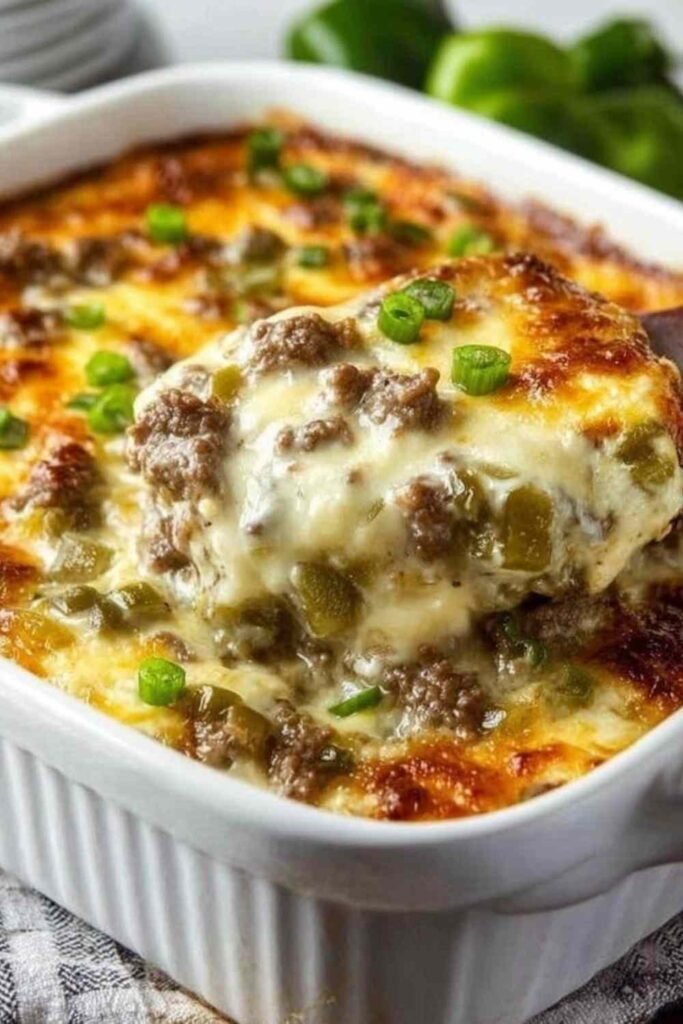 Low carb Philly cheesesteak casserole fresh from the oven with golden bubbly melted cheese on top