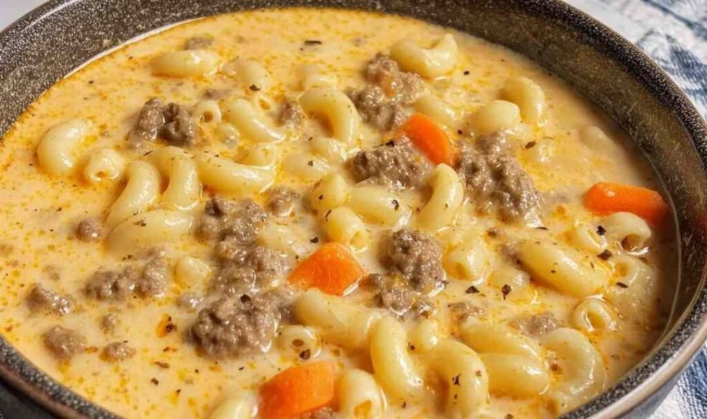 A pot of macaroni cheeseburger soup with ground beef, elbow pasta, and melted cheddar in a thick cheesy broth