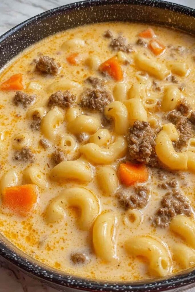 A pot of macaroni cheeseburger soup with ground beef, elbow pasta, and melted cheddar in a thick cheesy broth