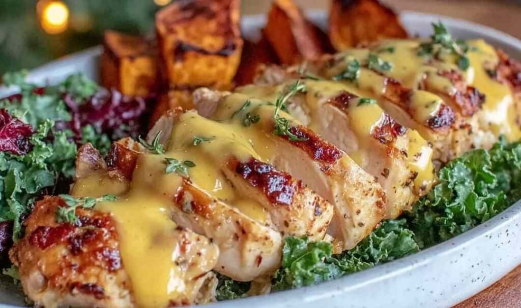 Maple Dijon chicken bowl with roasted sweet potatoes, toasted pecans, and fresh thyme in a white bowl