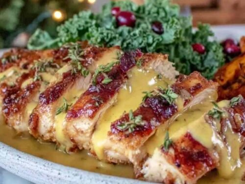 Maple Dijon chicken bowl with roasted sweet potatoes, toasted pecans, and fresh thyme in a white bowl