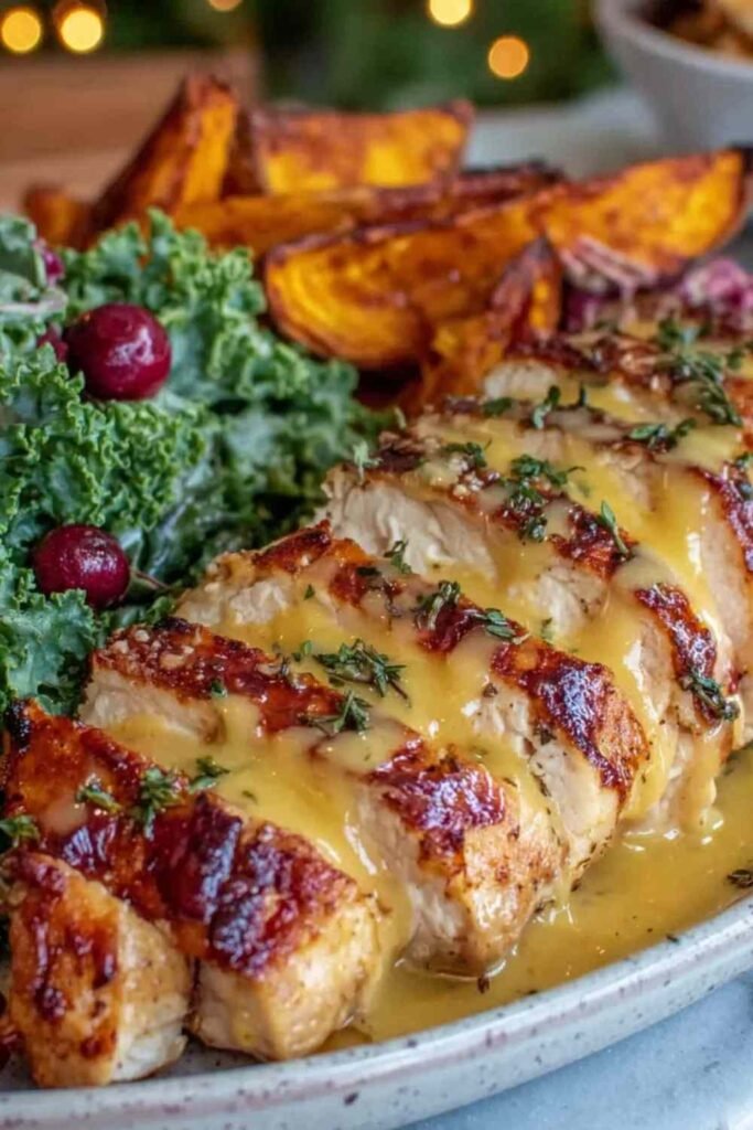 Maple Dijon chicken bowl with roasted sweet potatoes, toasted pecans, and fresh thyme in a white bowl
