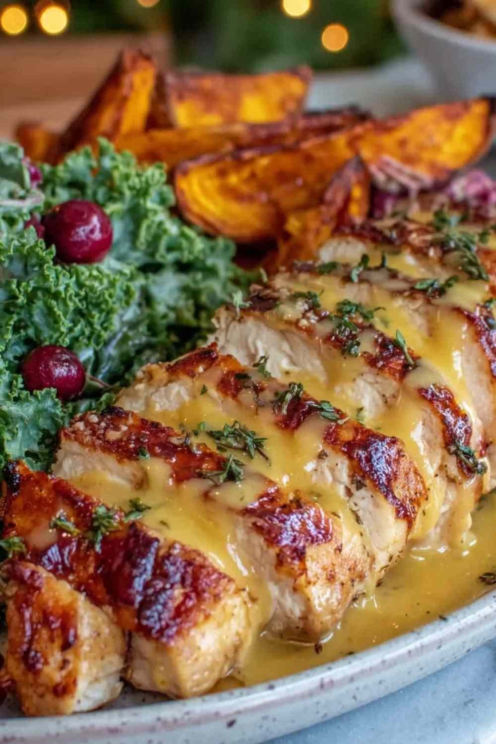 Maple Dijon chicken bowl with roasted sweet potatoes, toasted pecans, and fresh thyme in a white bowl