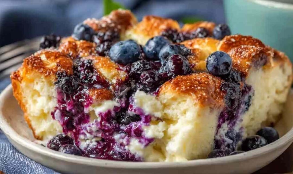 Blueberry cottage cheese breakfast bake golden brown in square baking dish with visible blueberries and oats