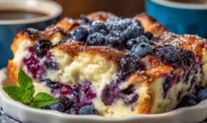 Blueberry Cottage Cheese Breakfast Bake Blueberry cottage cheese breakfast bake golden brown in square baking dish with visible blueberries and oats