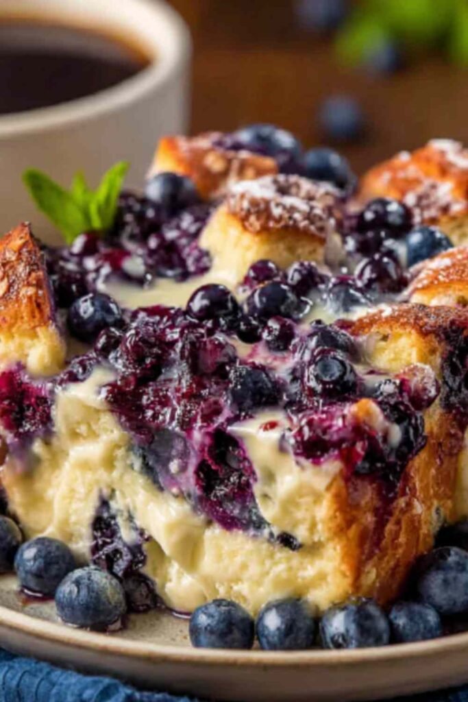 Blueberry cottage cheese breakfast bake golden brown in square baking dish with visible blueberries and oats