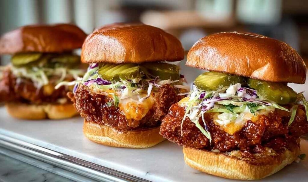 Nashville hot chicken sandwich on a brioche bun with fiery red cayenne glaze and dill pickles stacked on a wooden board