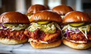 Nashville Hot Chicken Sandwiches Nashville hot chicken sandwich on a brioche bun with fiery red cayenne glaze and dill pickles stacked on a wooden board