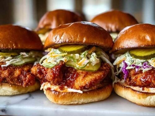Nashville hot chicken sandwich on a brioche bun with fiery red cayenne glaze and dill pickles stacked on a wooden board