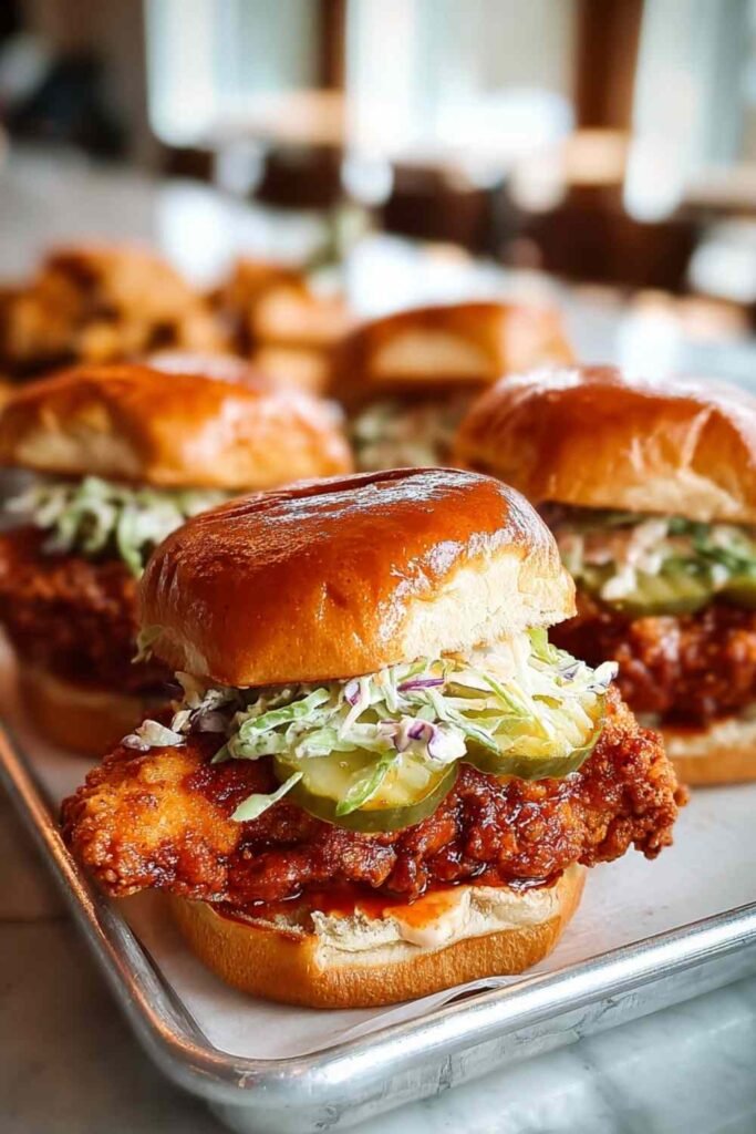 Nashville hot chicken sandwich on a brioche bun with fiery red cayenne glaze and dill pickles stacked on a wooden board