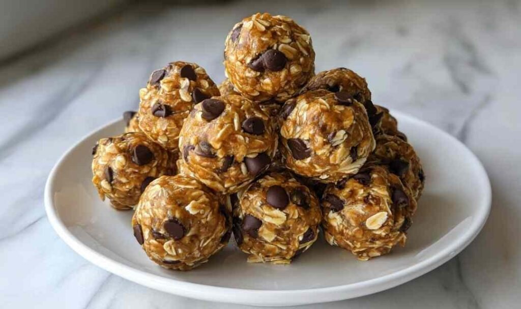 No-bake peanut butter energy bites with oats and mini chocolate chips arranged in a small white bowl on a kitchen counter