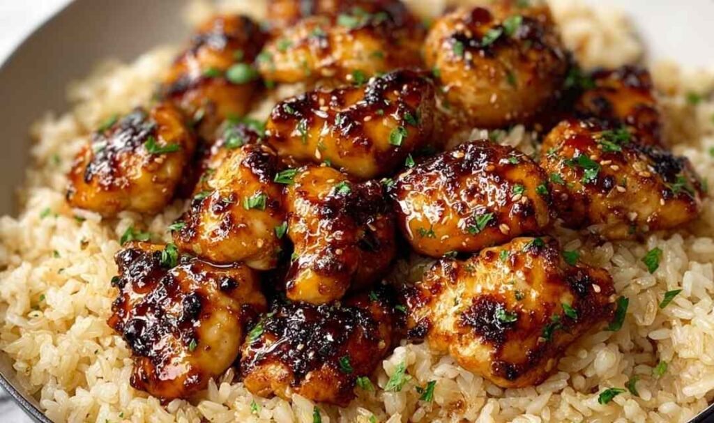 One-pan honey BBQ chicken rice with juicy golden chicken thighs nestled in fluffy rice, garnished with fresh green onions