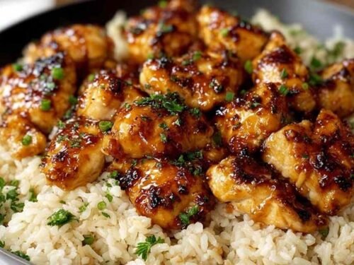 One-pan honey BBQ chicken rice with juicy golden chicken thighs nestled in fluffy rice, garnished with fresh green onions