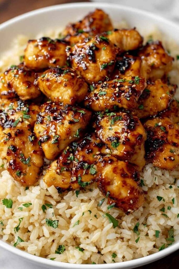 One-pan honey BBQ chicken rice with juicy golden chicken thighs nestled in fluffy rice, garnished with fresh green onions