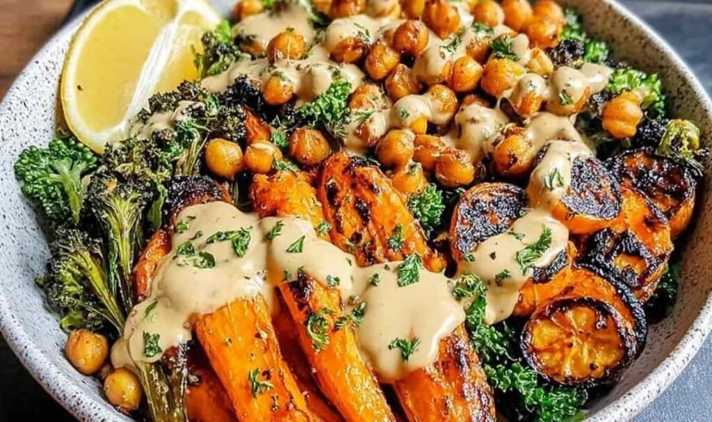 Roasted carrot and chickpea bowl served over quinoa with creamy tahini dressing drizzled on top and fresh herbs garnish