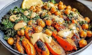 One-Pan Roasted Carrot and Chickpea Bowl Roasted carrot and chickpea bowl served over quinoa with creamy tahini dressing drizzled on top and fresh herbs garnish