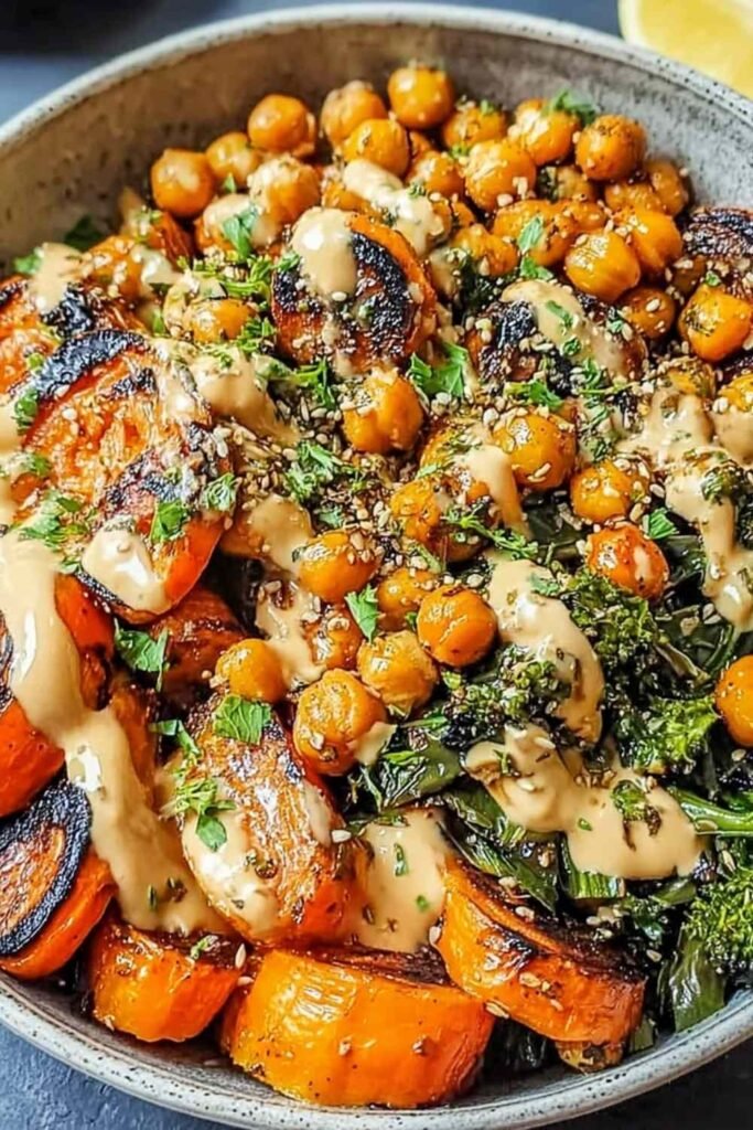Roasted carrot and chickpea bowl served over quinoa with creamy tahini dressing drizzled on top and fresh herbs garnish