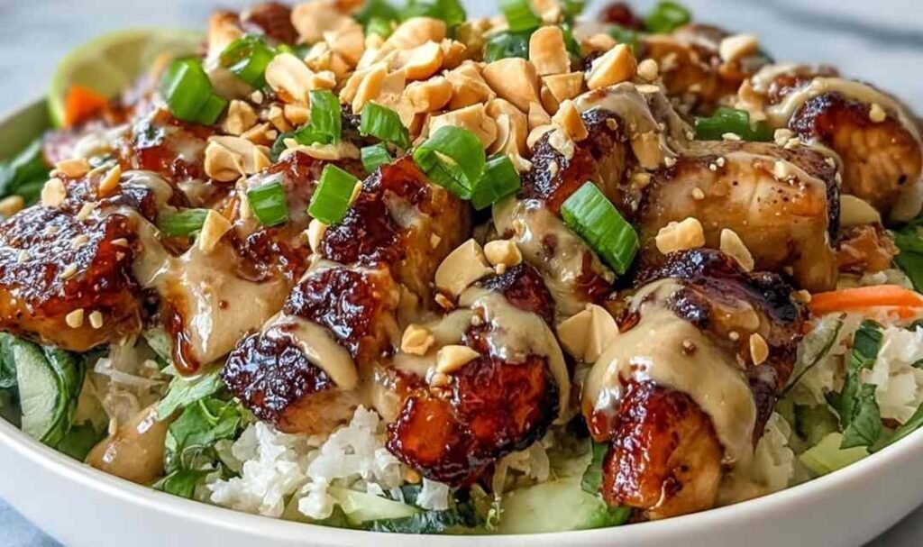 Peanut chicken protein bowl with coconut rice, sautéed chicken, red cabbage, carrots, and creamy Thai peanut sauce drizzle