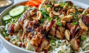 Peanut chicken protein bowl with coconut rice, sautéed chicken, red cabbage, carrots, and creamy Thai peanut sauce drizzle