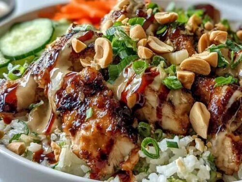 Peanut chicken protein bowl with coconut rice, sautéed chicken, red cabbage, carrots, and creamy Thai peanut sauce drizzle