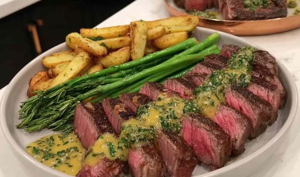 Sliced NY strip steak with truffle butter melting over the top, served with chimichurri fries and broccolini on a dinner plate