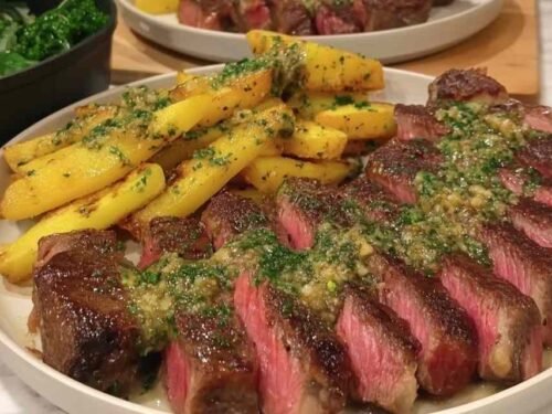 Sliced NY strip steak with truffle butter melting over the top, served with chimichurri fries and broccolini on a dinner plate