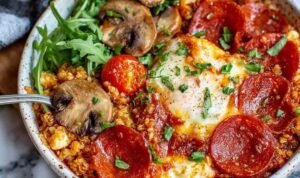 Pizza Protein Bowl Pizza protein bowl with melted mozzarella, pepperoni, and fresh basil in an oven-safe bowl