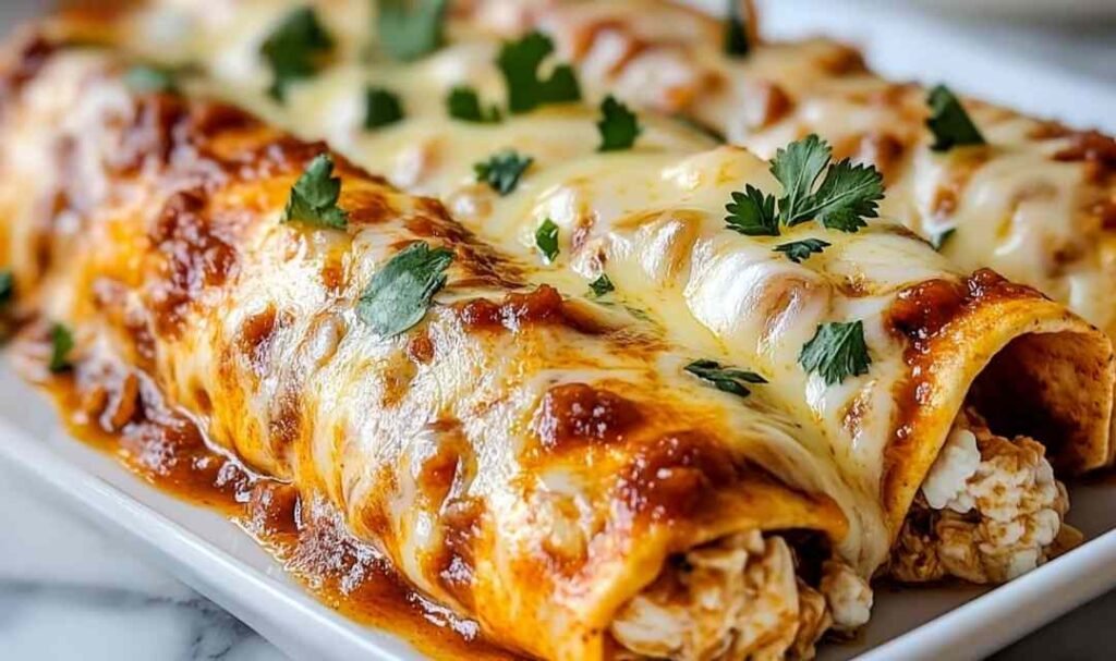 Protein cottage cheese chicken enchiladas in a baking dish with melted golden cheese and enchilada sauce