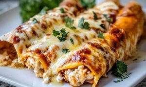 Protein cottage cheese chicken enchiladas in a baking dish with melted golden cheese and enchilada sauce