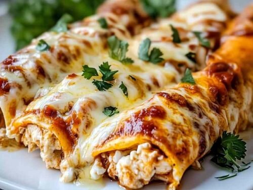 Protein cottage cheese chicken enchiladas in a baking dish with melted golden cheese and enchilada sauce