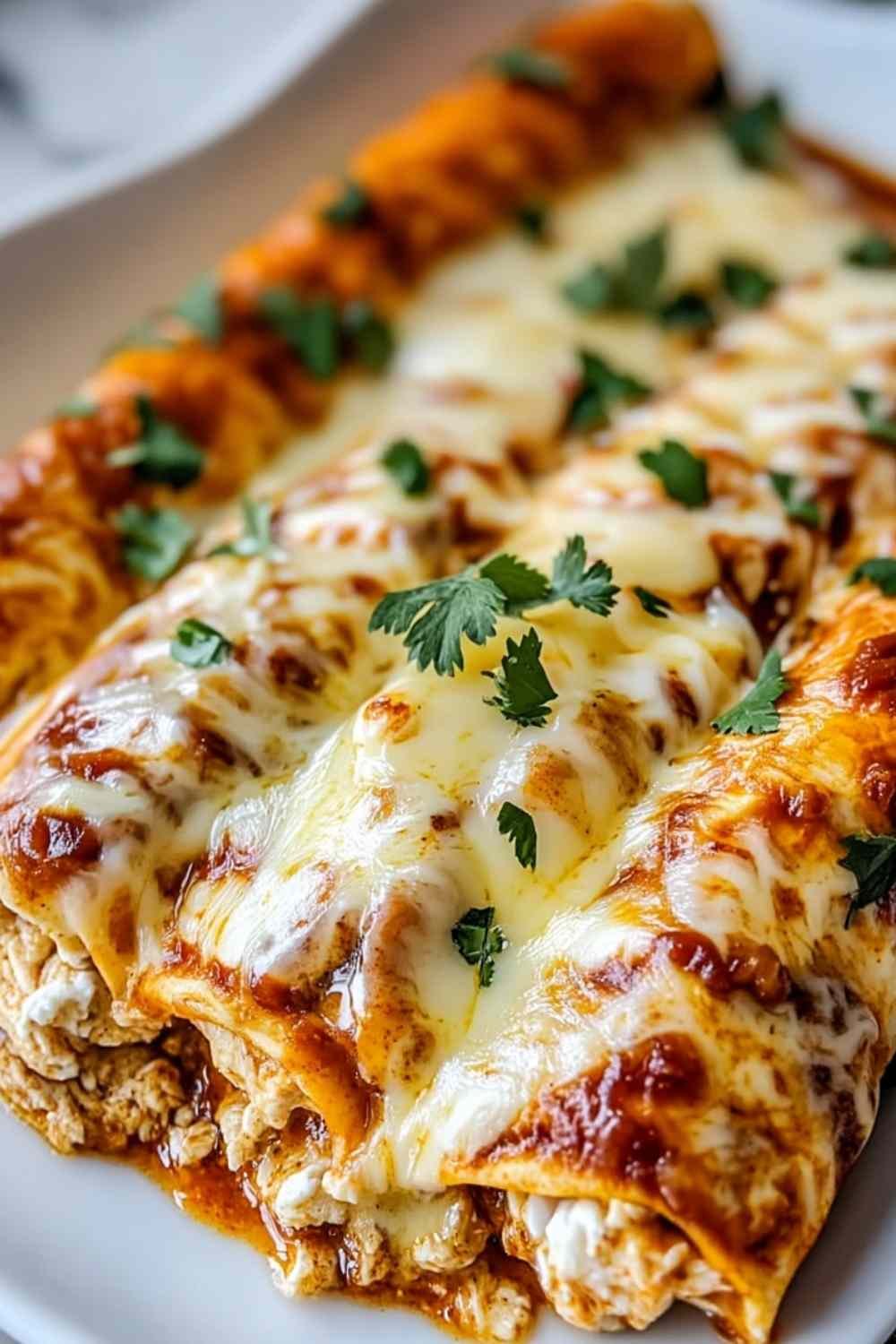 Protein cottage cheese chicken enchiladas in a baking dish with melted golden cheese and enchilada sauce