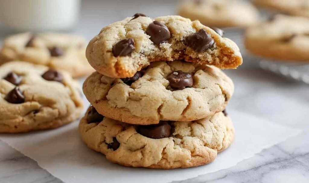 Soft and chewy protein Greek yogurt cookies stacked on a white plate with visible chocolate chips