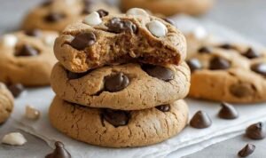 Soft and chewy protein Greek yogurt cookies stacked on a white plate with visible chocolate chips