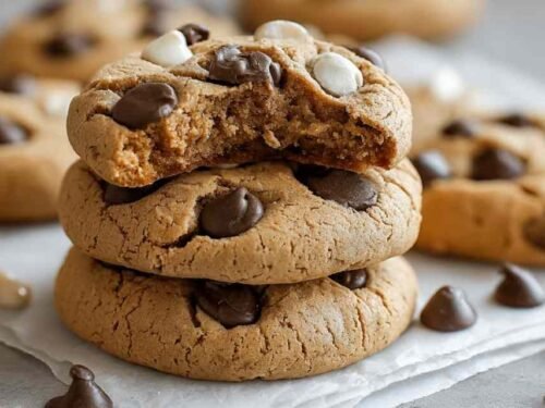 Soft and chewy protein Greek yogurt cookies stacked on a white plate with visible chocolate chips