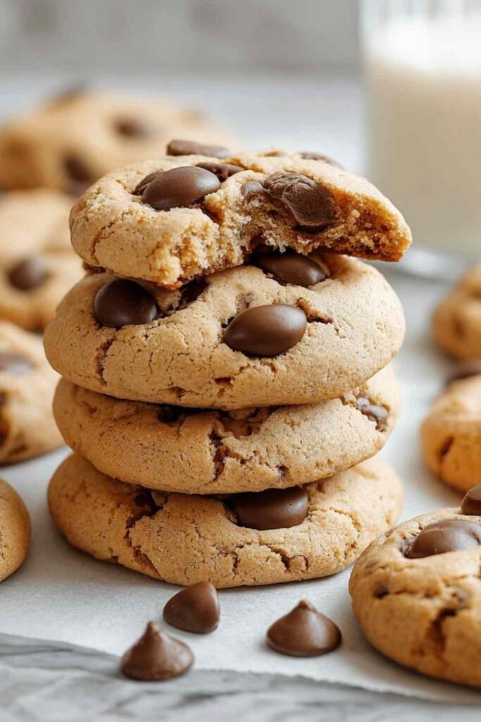Soft and chewy protein Greek yogurt cookies stacked on a white plate with visible chocolate chips