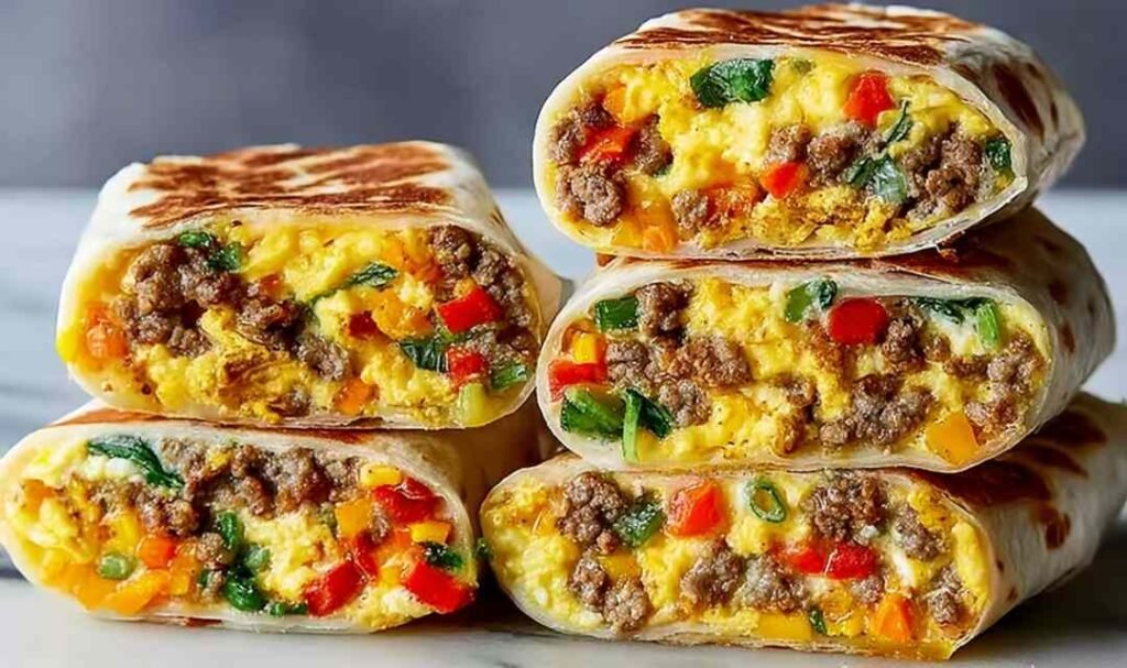 Cross-section of a protein-packed breakfast burrito showing roasted vegetables, seasoned ground meat, fluffy egg layer, and melted cheddar inside a flour tortilla