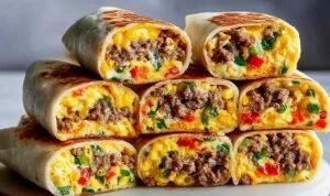 Cross-section of a protein-packed breakfast burrito showing roasted vegetables, seasoned ground meat, fluffy egg layer, and melted cheddar inside a flour tortilla