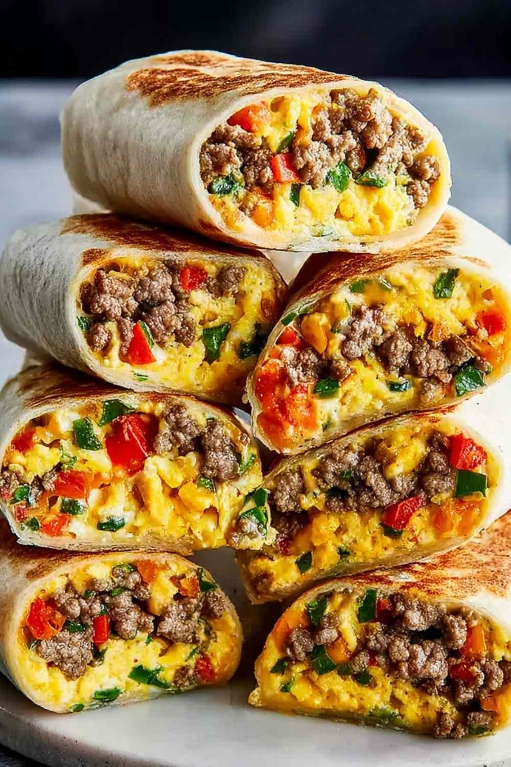 Cross-section of a protein-packed breakfast burrito showing roasted vegetables, seasoned ground meat, fluffy egg layer, and melted cheddar inside a flour tortilla