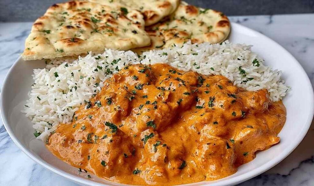 Quick easy homemade butter chicken simmering in a creamy orange tomato sauce garnished with fresh parsley