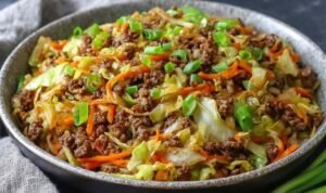 Egg roll in a bowl with ground beef, cabbage, carrot, and sesame seeds in a large skillet