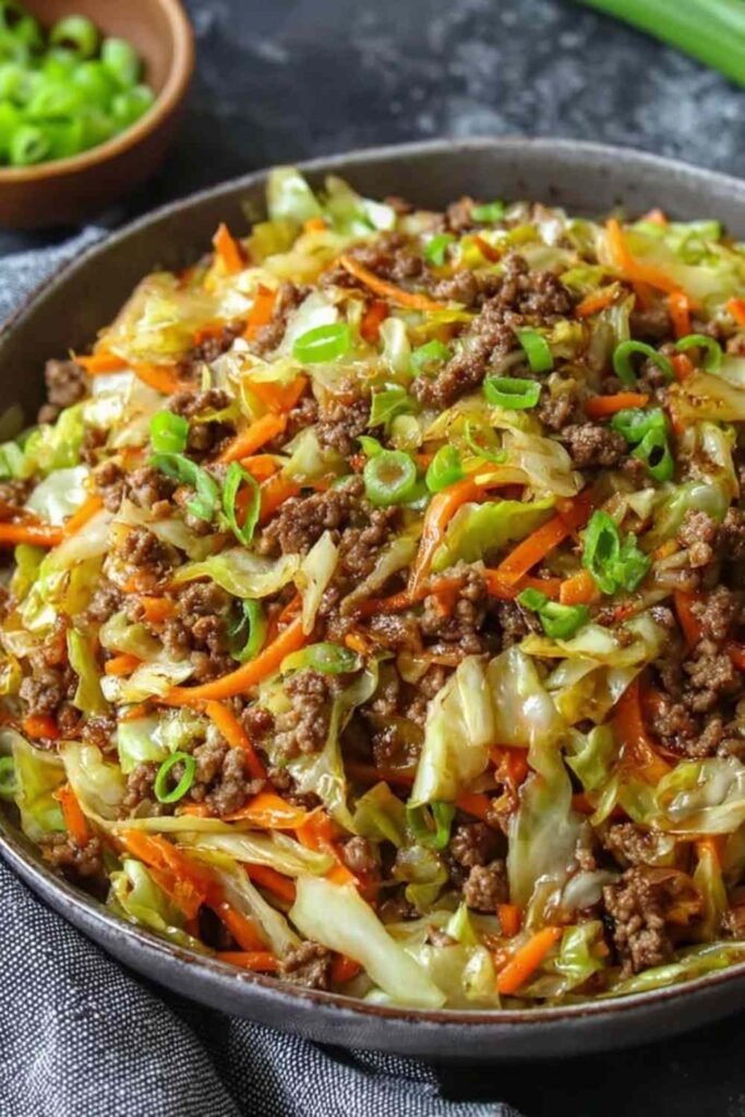 Egg roll in a bowl with ground beef, cabbage, carrot, and sesame seeds in a large skillet