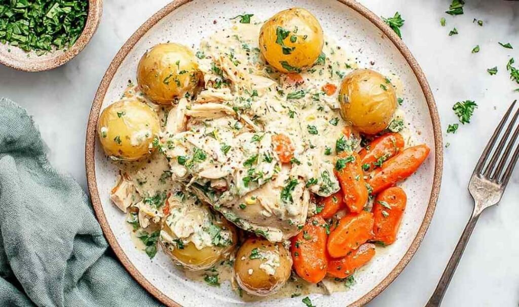 Ranch chicken and veggies with cottage cheese in slow cooker showing shredded chicken, potatoes, and carrots in creamy ranch sauce