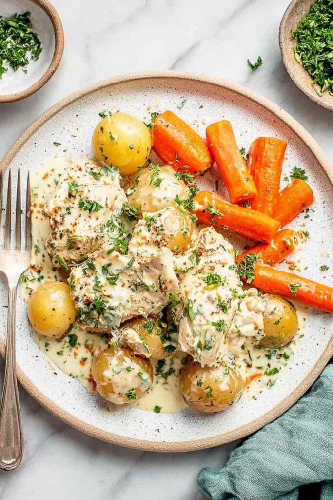 Ranch chicken and veggies with cottage cheese in slow cooker showing shredded chicken, potatoes, and carrots in creamy ranch sauce
