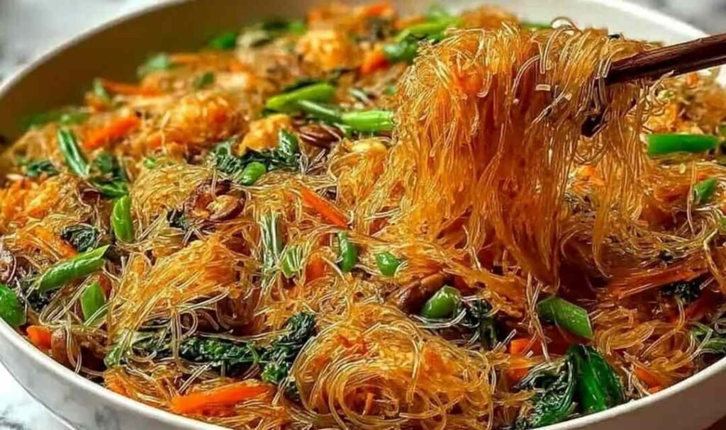 Rice Noodle Stir-Fry with colorful bell peppers, broccoli, carrots, and sesame seeds served in a white bowl