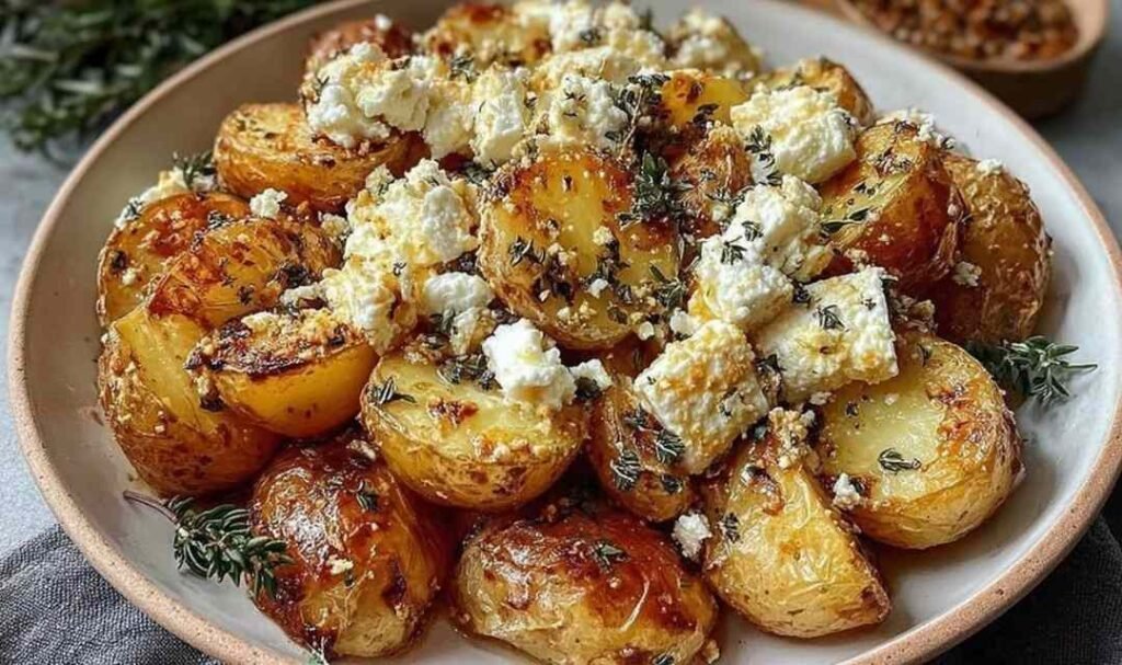 Roasted Potatoes with Baked Feta and Garlic in a white baking dish with fresh basil and honey drizzle