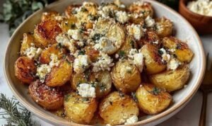 Roasted Potatoes with Baked Feta and Garlic in a white baking dish with fresh basil and honey drizzle