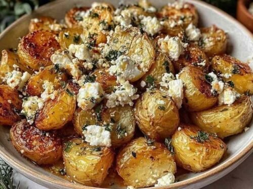 Roasted Potatoes with Baked Feta and Garlic in a white baking dish with fresh basil and honey drizzle