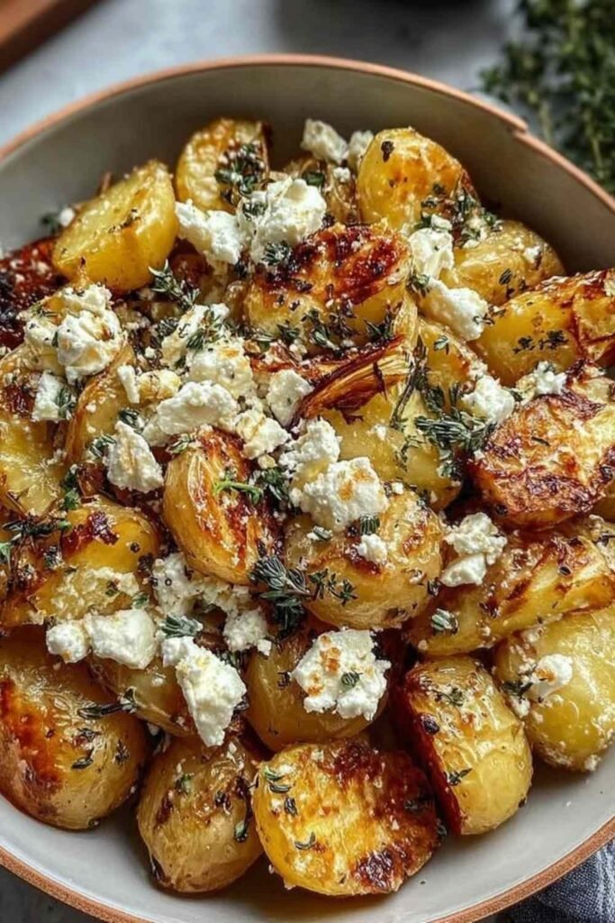 Roasted Potatoes with Baked Feta and Garlic in a white baking dish with fresh basil and honey drizzle